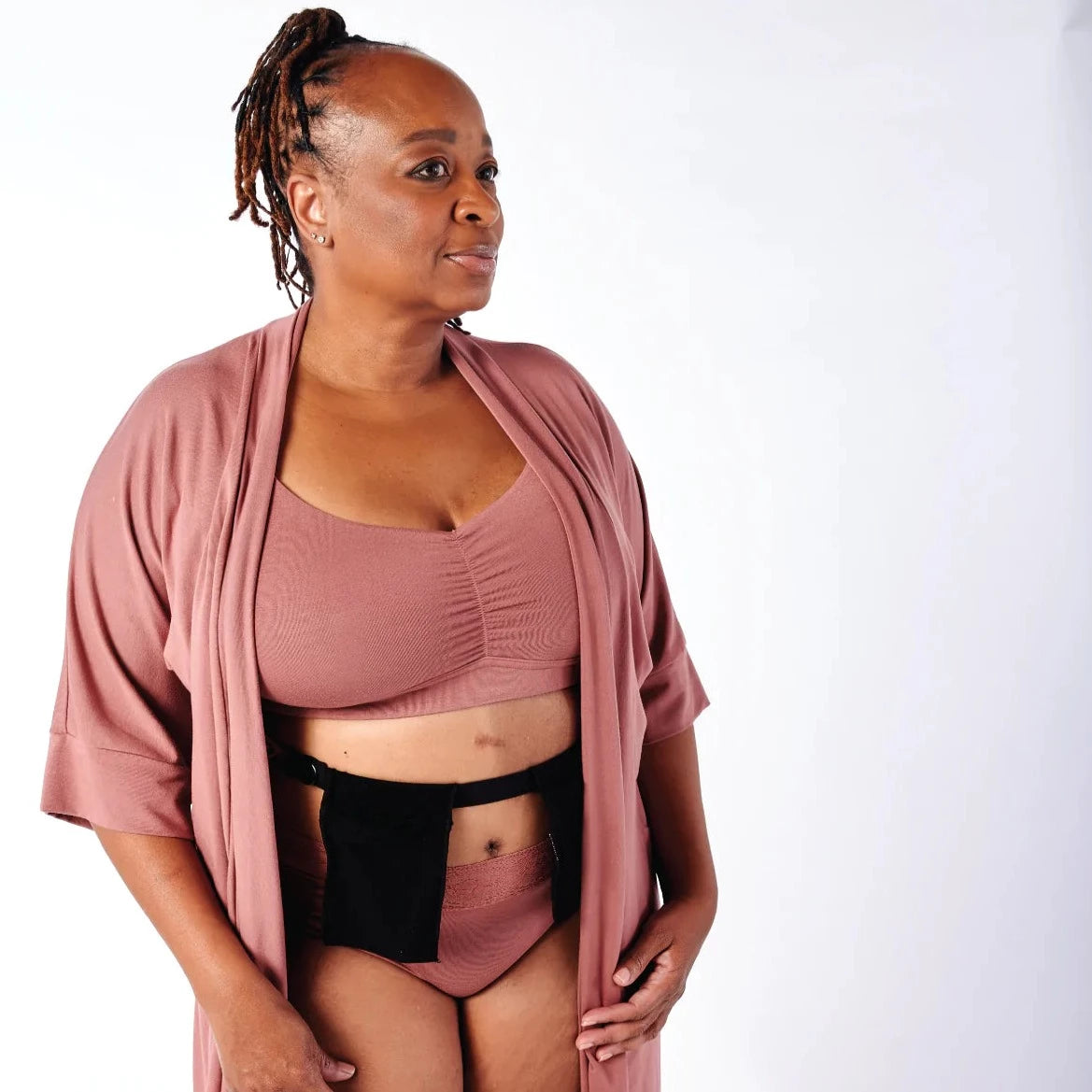 Miena Robe with Drain Management Belt in dusky rose, from Anaono