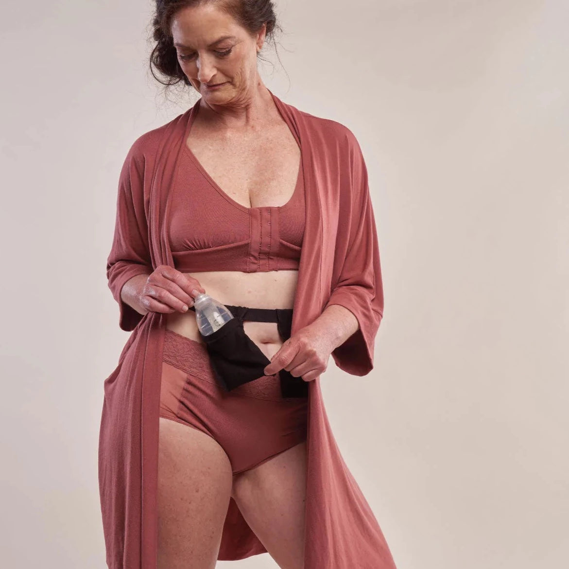 Miena Robe with Drain Management Belt in dusky rose, from Anaono