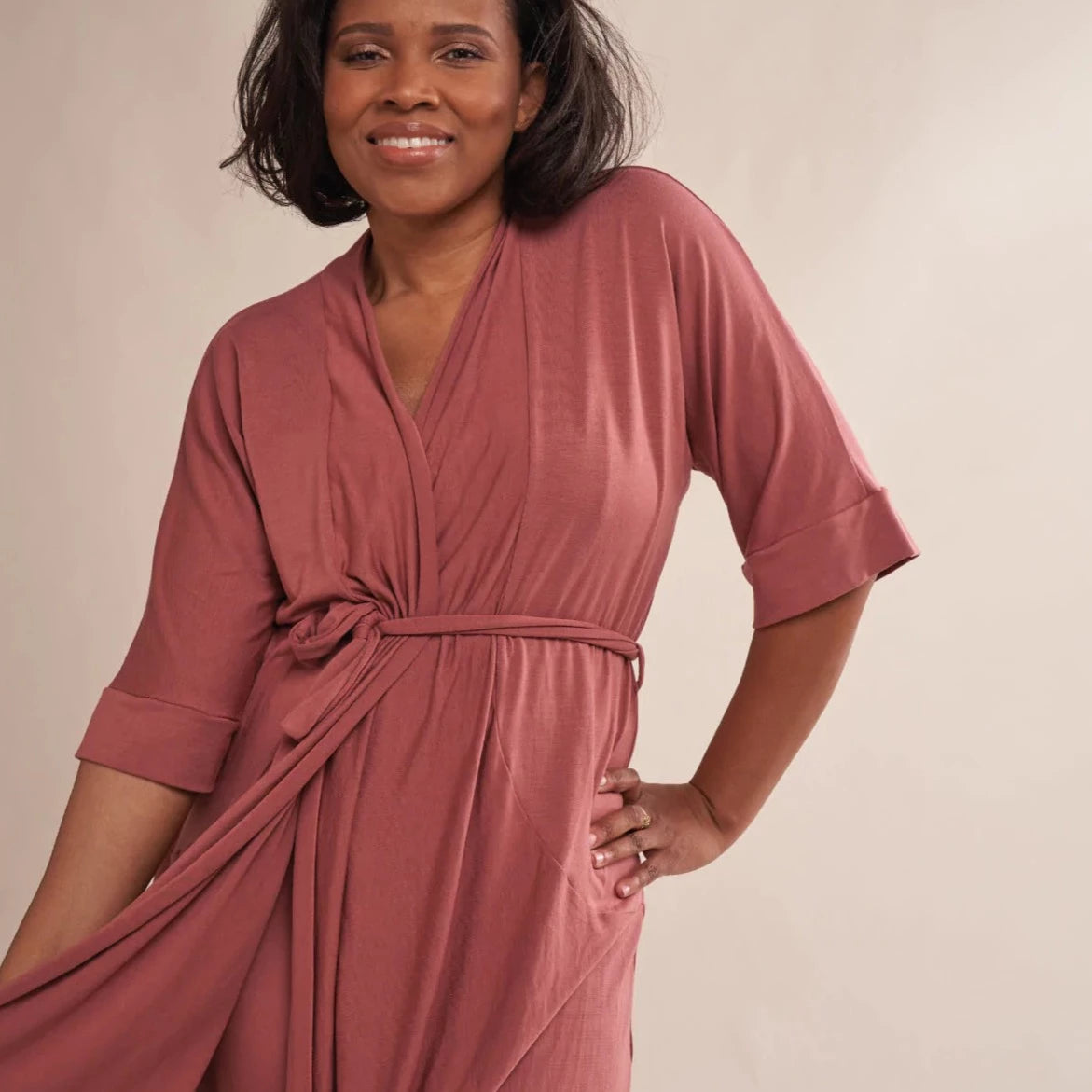 Miena Robe with Drain Management Belt in dusky rose, from Anaono