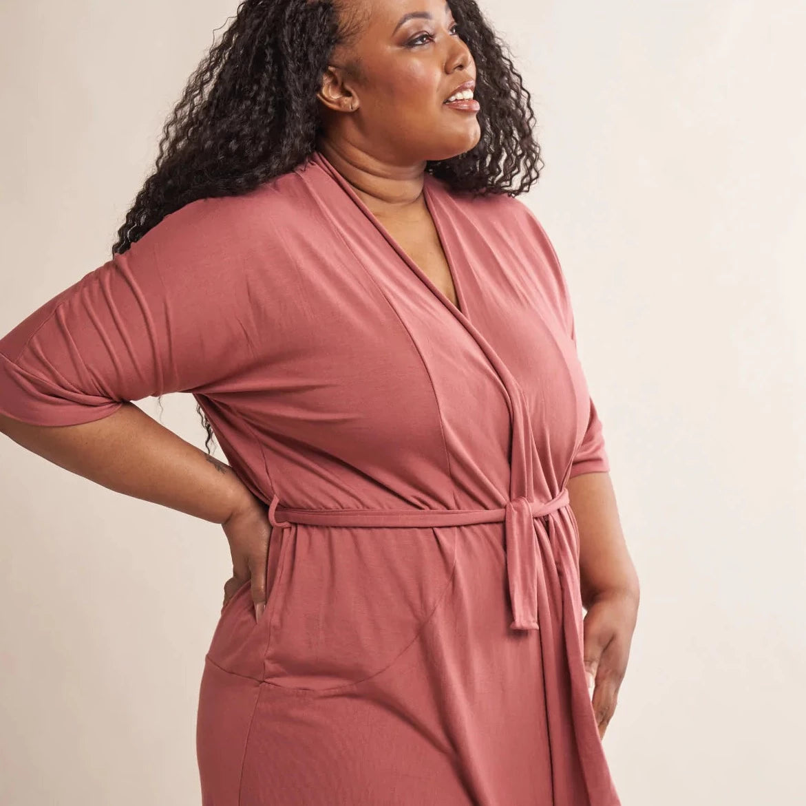 Miena Robe with Drain Management Belt in dusky rose, from Anaono