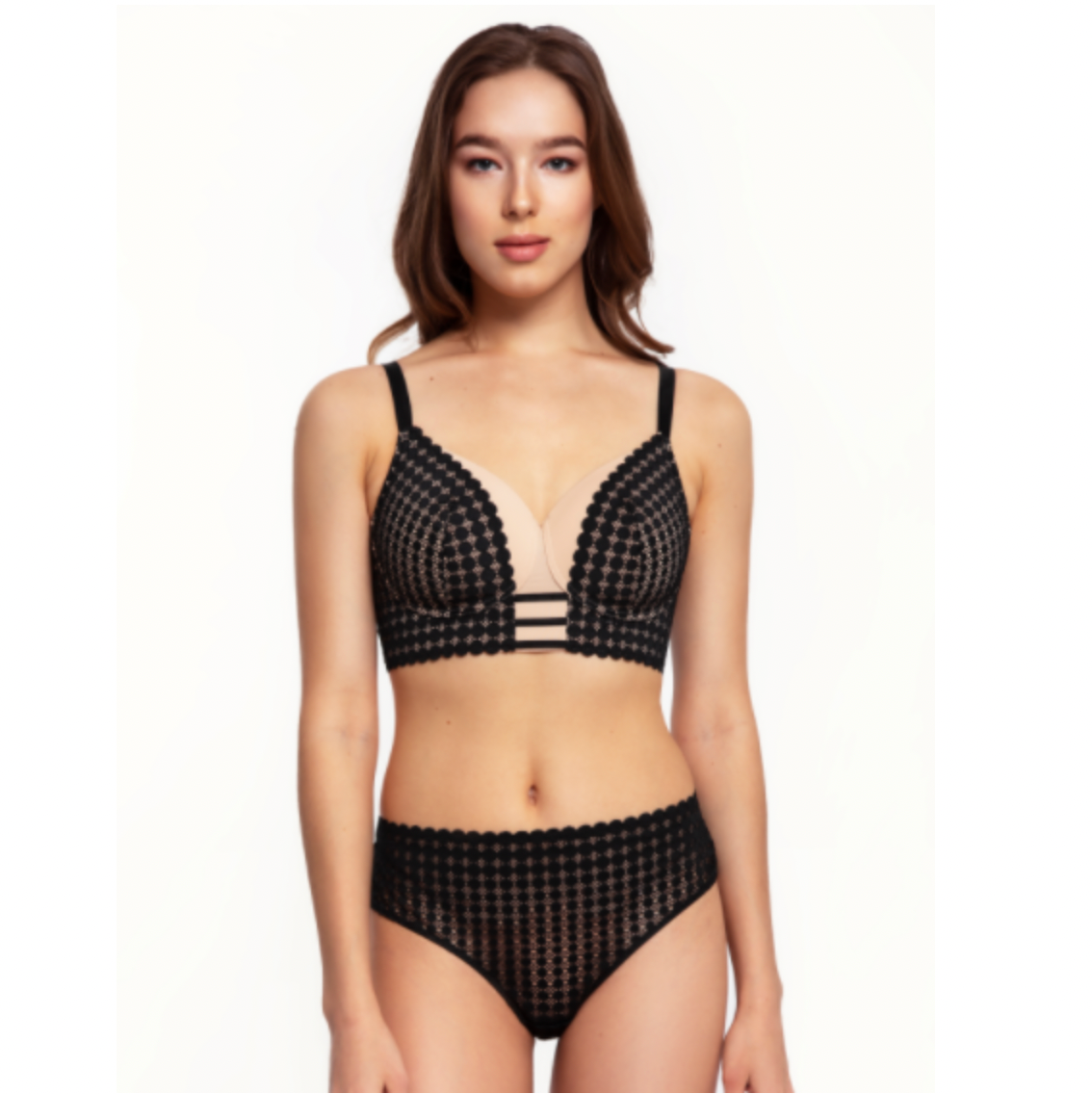 Victress Polka-Dot Bralette in Black Geometric Lace | Megami Lingerie