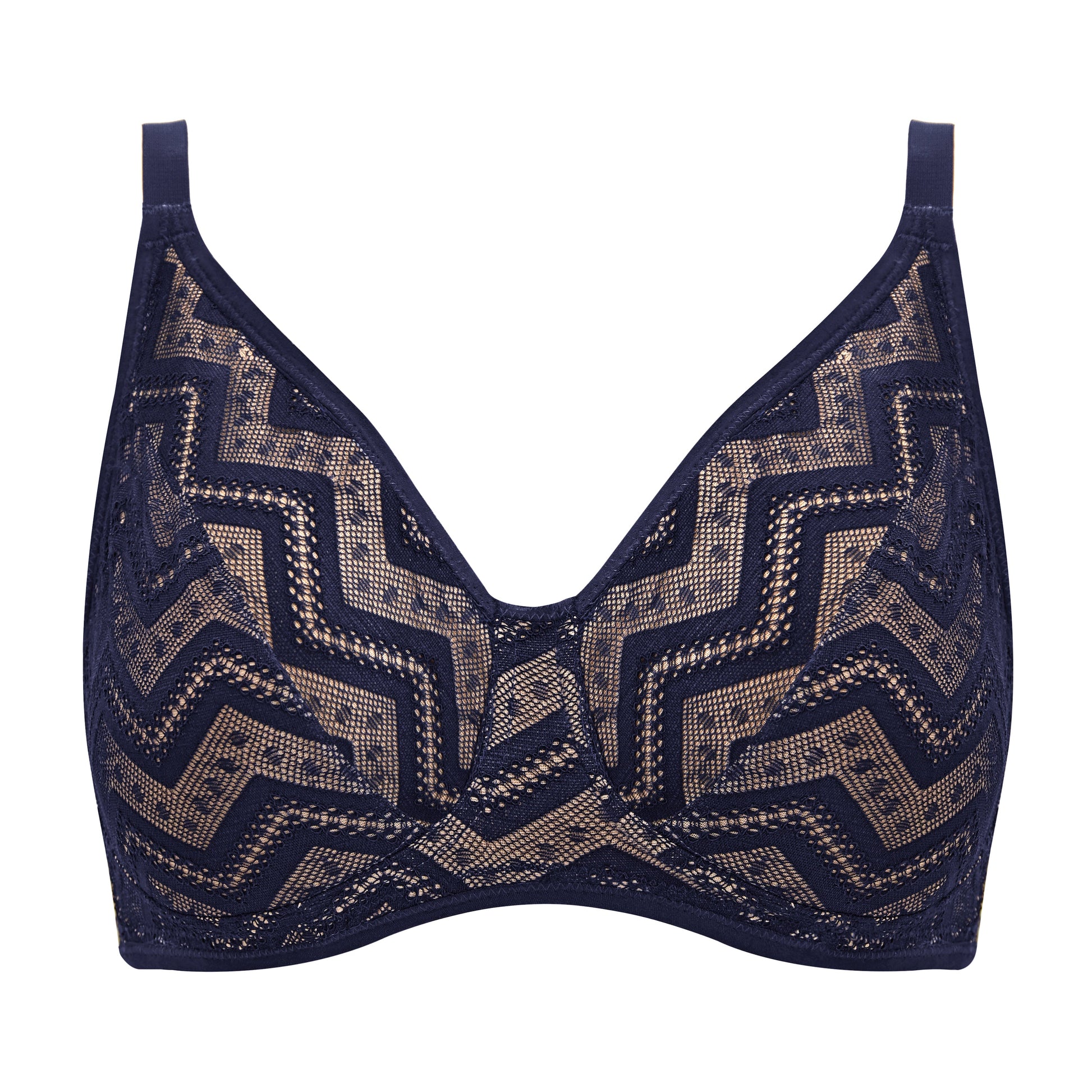 Zahra Zig-Zag Lace Bra in Navy & Cream | Pocketed Bras | Royce Lingerie