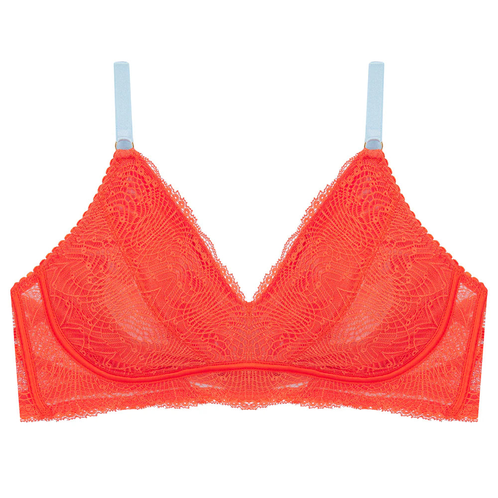 Hey Good Lookin' Bra in Mandarin & Iris | LoveRose Lingerie …luxurious, wire free lingerie engineered with clever hidden support and made in beautiful mood boosting colours with silks and recycled lace and mesh | The Bra Sisters