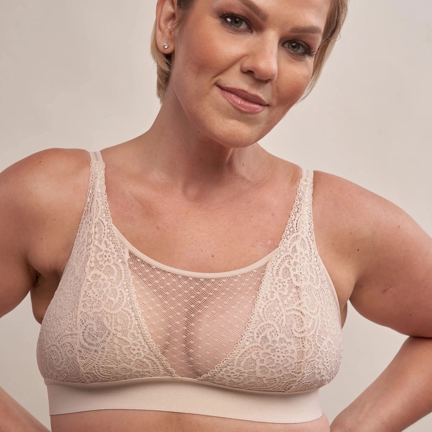 Maggie Lace Bralette in Champagne | AnaOno | Soft post-surgery bras made just for those affected by breast cancer, breast surgeries or discomfort.